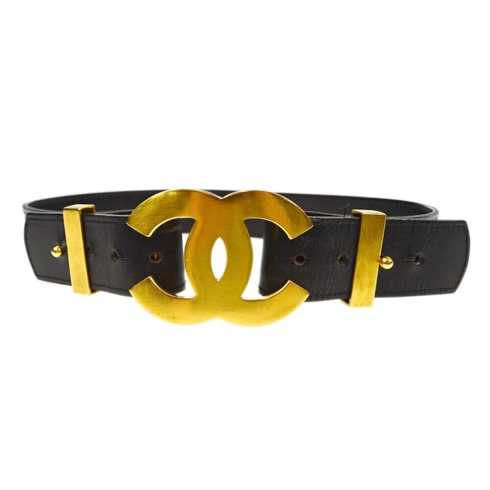 Authentic Chanel Buckle Belt Black Gold Leather 96A